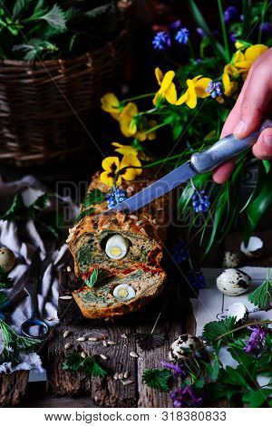 Wild Nettle Whole Grane Loaf With Eggs. Style Rustic. Selective Focus
