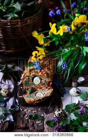 Wild Nettle Whole Grane Loaf With Eggs. Style Rustic. Selective Focus