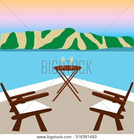 Two Wooden Chairs On Balcony With Breathtaking View On Seafront. Sunset On The Seafront. Glassy Blue