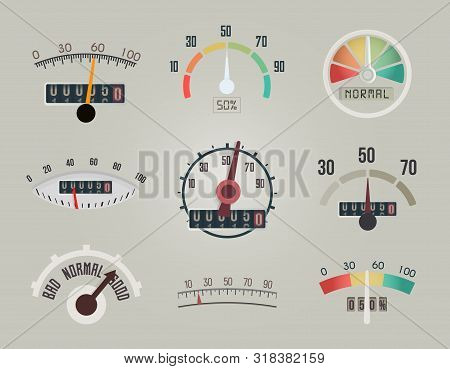 Set Of Measuring Device Display, Arrow And Scale On The Meter Screen Of Business Indicator, Speedome