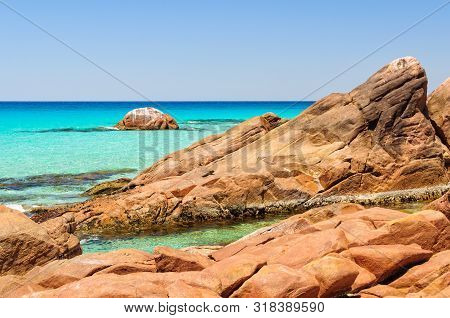 Orange Rocks And Turquoise Water On Meelup Beach - Dunsborough, Wa, Australia