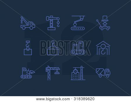 Industry Machines Line Icon Set. Concrete Mixer, Crane, Site. Machinery Concept. Can Be Used For Top