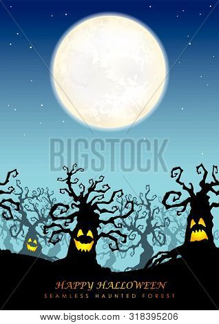 Happy Halloween Seamless Haunted Forest With Text Space, Vector Illustration. Horizontally Repeatabl