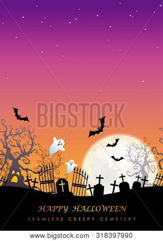 Happy Halloween Seamless Creepy Cemetery With Text Space. Horizontally Repeatable.