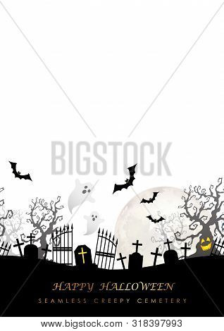 Happy Halloween Seamless Creepy Cemetery With Text Space. Horizontally Repeatable.