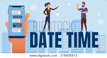 Cartoon Tiny Man And Woman Coworkers Standing On Date Time Word. Colleagues Drinking Beverage, Celeb