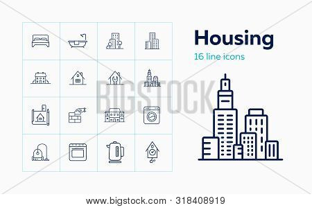 Housing Line Icon Set. Bedroom, Building, Kettle. Construction Concept. Can Be Used For Topics Like 