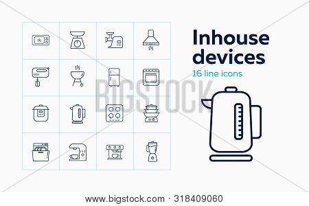 Inhouse Devices Line Icon Set. Set Of Line Icons On White Background. Soundbar, Conditioner, Fridge.