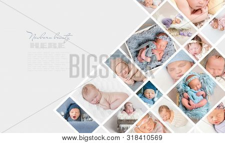 Stylish collage with photos of cute newborn babies, with text space