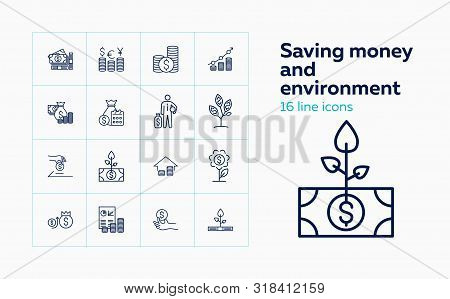 Saving Money And Environment Icons. Set Of Line Icons. Investing, Accounting, Income. Stock Market C