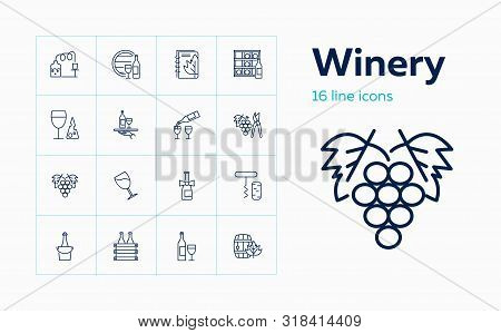 Winery Icons. Set Of Line Icons On White Background. Wine Bottle, Brewery, Barrel. Alcoholic Drinks 