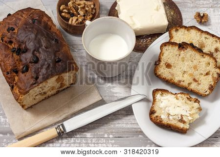 Barmbrack Or Bairin Breac Is A Traditional Irish Sweet Yeast Bread With Grapes And Raisins, Often Ea