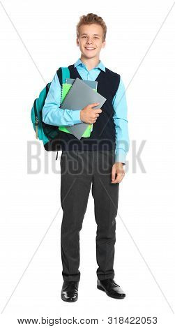 Happy Boy In School Uniform On White Background