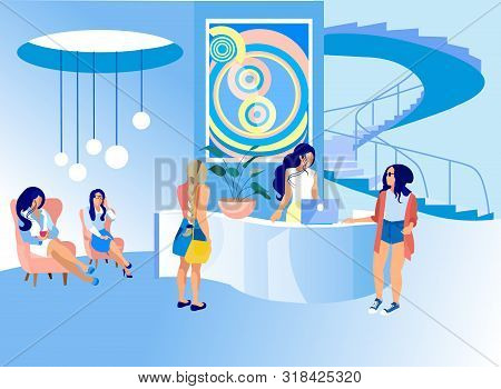 Women At Reception In Art Center. Communicate With Administrator. Compositions Exhibition Center. Wo