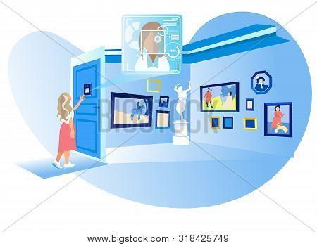 Woman In Art Gallery With 3d Projector. Compositions Exhibition Center. Visit Exhibition. Modern Art