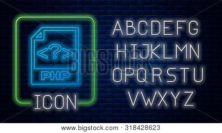 Glowing Neon Php File Document. Download Php Button Icon Isolated On Brick Wall Background. Php File