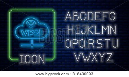 Glowing Neon Vpn Network Cloud Connection Icon Isolated On Brick Wall Background. Social Technology.