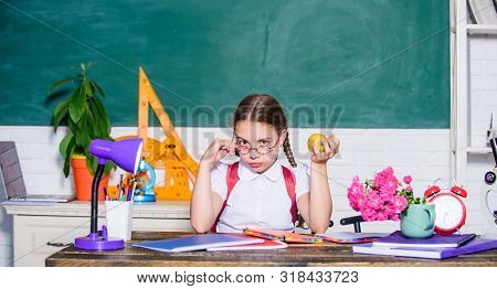 Vegetarian. Back To School. Einstein. Digital Age With Modern Technology. Small Girl Ready To Eat Ap