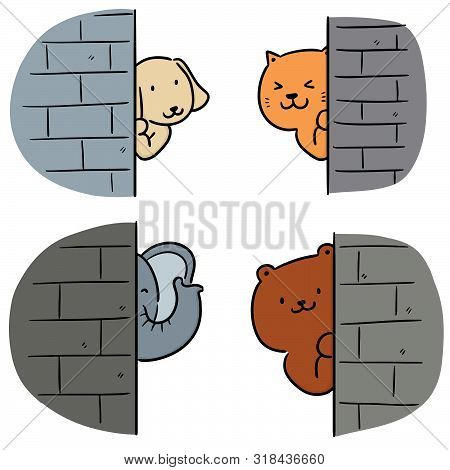 Vector Set Of Animal Hiding Behind Wall Hand Drawn Cartoon