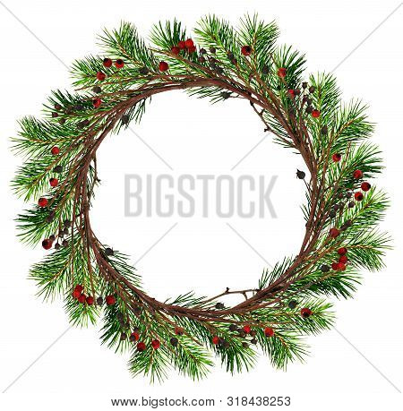 Round Wreath From Dry Twigs And Christmas Tree Branches With Black And Red Berries Isolated On White