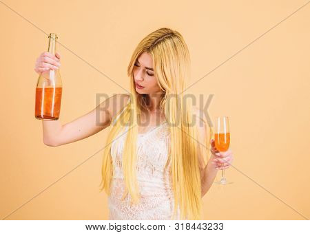 Glamorous Party. Girl Drinking Pearl Glitter Champagne. Woman White Dress Bottle Glass Alcohol Drink