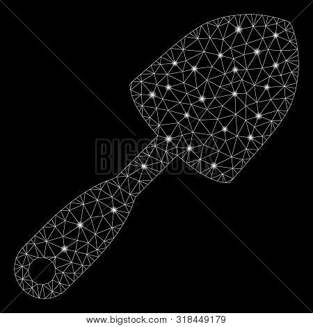 Glossy Mesh Scoop Shovel With Lightspot Effect. Abstract Illuminated Model Of Scoop Shovel Icon. Shi
