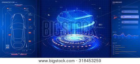 Car Service. Hardware Diagnostics Condition Of The Car In Style Hud. Scanning, Test, Monitoring, Ana