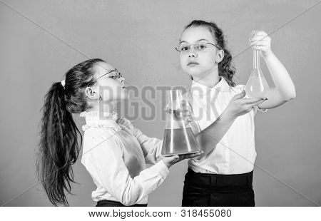 Children Study Chemistry Lab. Back To School. Biology Education. Little Smart Girls With Testing Fla