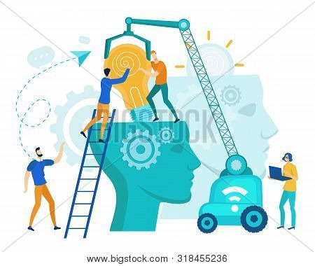 Brainstorming Concept Flat Cartoon Vector Illustration. People Putting Lightbulb Into Robot Head Wit