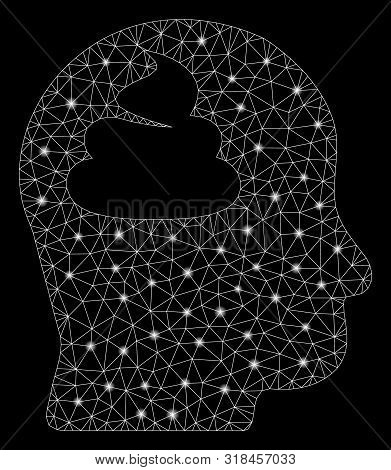 Flare Mesh Shit Brain With Glow Effect. Abstract Illuminated Model Of Shit Brain Icon. Shiny Wire Ca