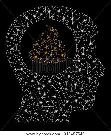 Bright Mesh Shit Idea Head With Glare Effect. Abstract Illuminated Model Of Shit Idea Head Icon. Shi