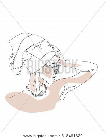 Fashionable Girl In A Towel And Glasses Holding Her Head. Continuous Single Non-painted One-line Int