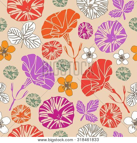 Flowers Field Abstract-flowers In Bloom Seamless Repeat Pattern In Purple , Orange, Red And Maroon, 