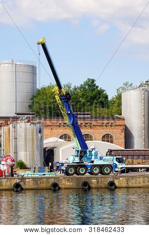 Karlshamn, Blekinge, Sweden - July 26, 2019: Swedish Sven Jinert Mobile Crane.