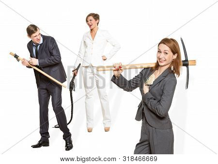 Collage, On A White Background. Humor, Aligoria. Female Boss With A Whip, Male Manager With A Wheelb