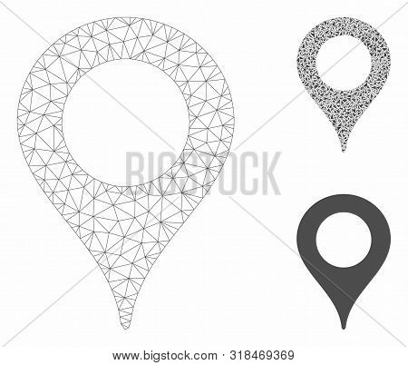 Mesh Map Marker Model With Triangle Mosaic Icon. Wire Frame Triangular Mesh Of Map Marker. Vector Mo