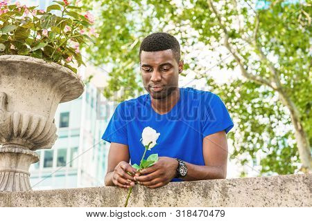 Young African American Man Missing You In New York, Wearing Blue Short Sleeve T Shirt, Wristwatch, S