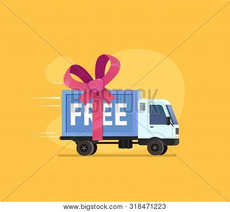 Free Shipping Vector Illustration. Isolated Cartoon Delivery Truck With Pink Bow