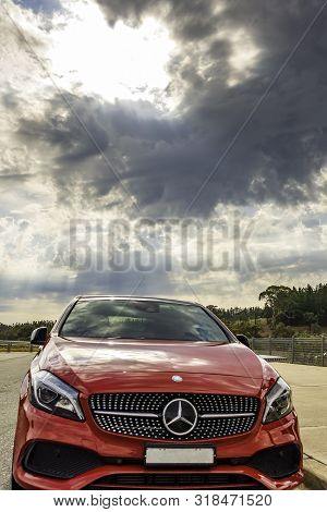 Canberra, Australia - Apr 22, 2018: Red Mercedes-benz A250 Sport Amg Car Parked At A Public Park, Wi