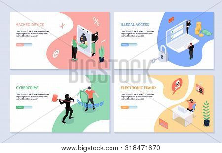 Isometric Horizontal Set Of Four Cyber Security  And Hacker Attacks Banners 3d Isolated Vector Illus