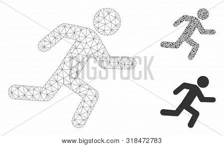 Mesh Running Man Model With Triangle Mosaic Icon. Wire Frame Triangular Network Of Running Man. Vect