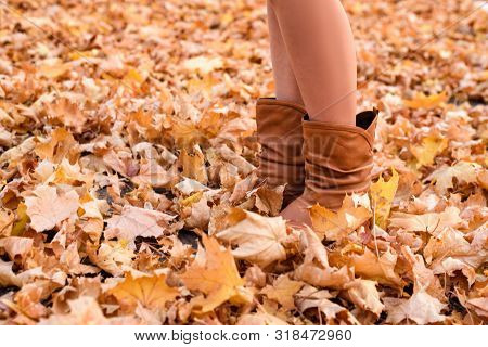 Female Legs In Brown Boots. Yellow Foliage Underfoot. Autumn Concept