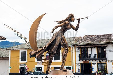 Turmeque, Colombia  August, 2019: Monument Honouring The Indigenous Muisca At The Central Square Of