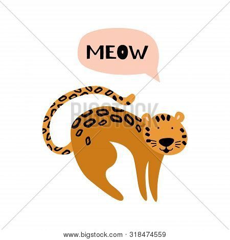 Cute And Nice Mewing Leopard. Cartoon Animal Isolated On White Background. Flat Vector Illustration.