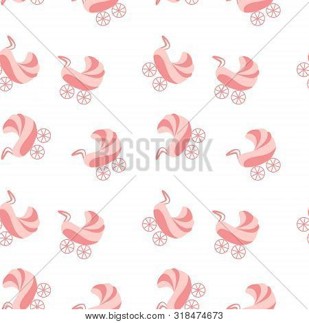 Seamless Pattern With Pink Pram On White Background. Baby Girl Repeated Ornament. Vector Illustratio