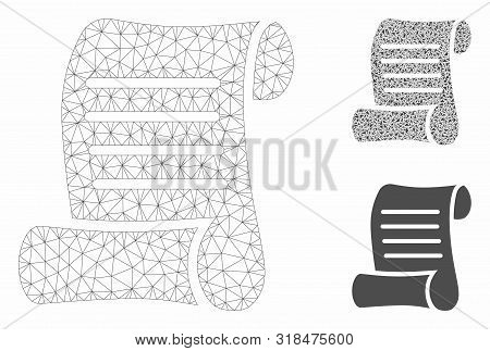 Mesh Script Roll Model With Triangle Mosaic Icon. Wire Frame Triangular Mesh Of Script Roll. Vector 