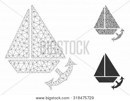 Mesh Seaport Model With Triangle Mosaic Icon. Wire Carcass Polygonal Mesh Of Seaport. Vector Mosaic 