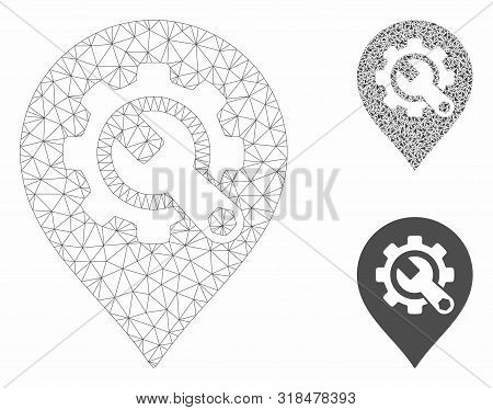 Mesh Service Tools Map Marker Model With Triangle Mosaic Icon. Wire Carcass Triangular Mesh Of Servi