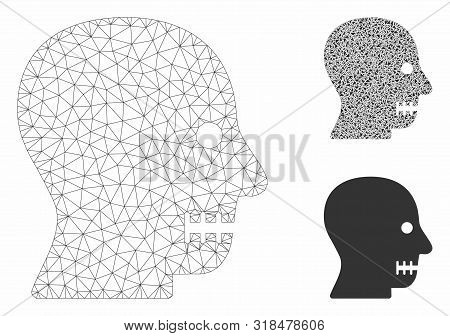 Mesh Sewn Mouth Model With Triangle Mosaic Icon. Wire Frame Polygonal Mesh Of Sewn Mouth. Vector Com
