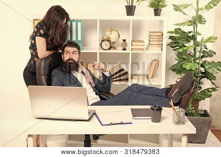 Sexy Secretary Personal Assistant. Typical Office Life. Man Bearded Hipster Boss Sit In Leather Armc
